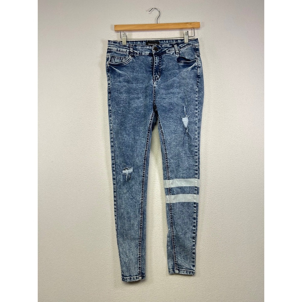 90s Streetwear Women 30 Blue Acid Wash Distressed Striped Skinny Fit Jeans
